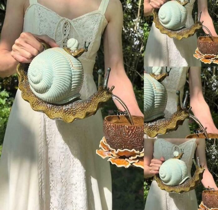 Person in white dress pouring from snail-shaped teapot into a cup, example of awful taste but great e*******n design.