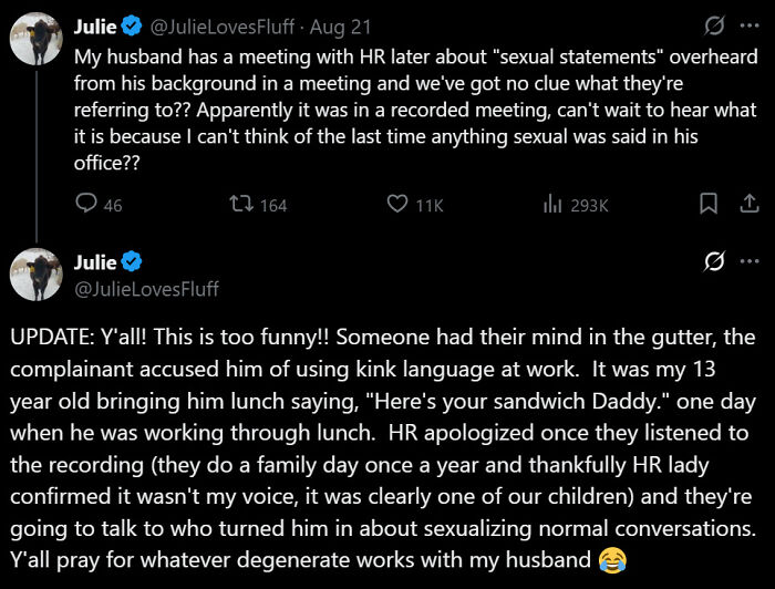 Screenshot of a humorous Twitter thread about an HR meeting over misunderstood recorded conversation, illustrating attempts gone wrong.