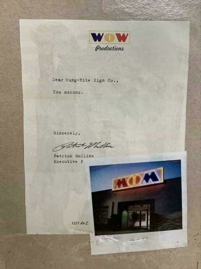 Letter from WOW Productions calling a sign company morons for misspelling the company sign, illustrating a preventable fail.