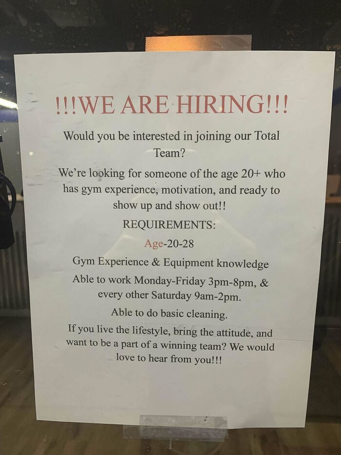 Hiring sign with outrageous job requirements including gym experience, specific age range, and cleaning duties for quick nope out.