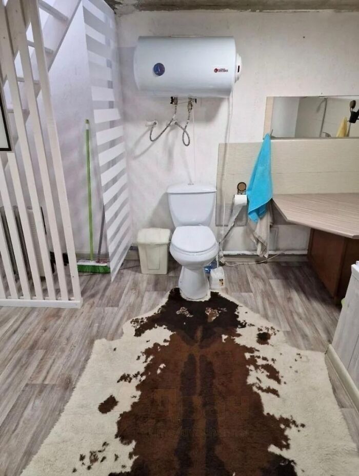 Bathroom with a toilet, water heater, and a large brown and white rug, an example of awful taste but great e*******n.
