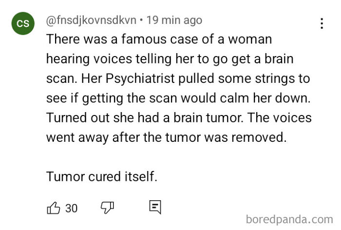 Screenshot of a social media comment sharing a unique story about a brain tumor curing itself.