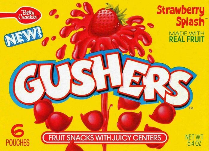 Gushers fruit snacks packaging with strawberry splash flavor and juicy centers, a popular ’90s snack brand.