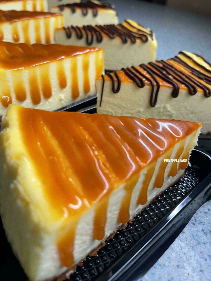 Slices of cheesecake with caramel and chocolate drizzle showcasing gorgeous baked goods and dessert artistry.
