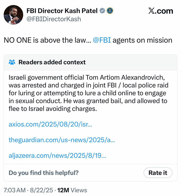 Tweet from FBI Director Kash Patel about FBI agents on mission, illustrating attempts with unexpected outcomes.
