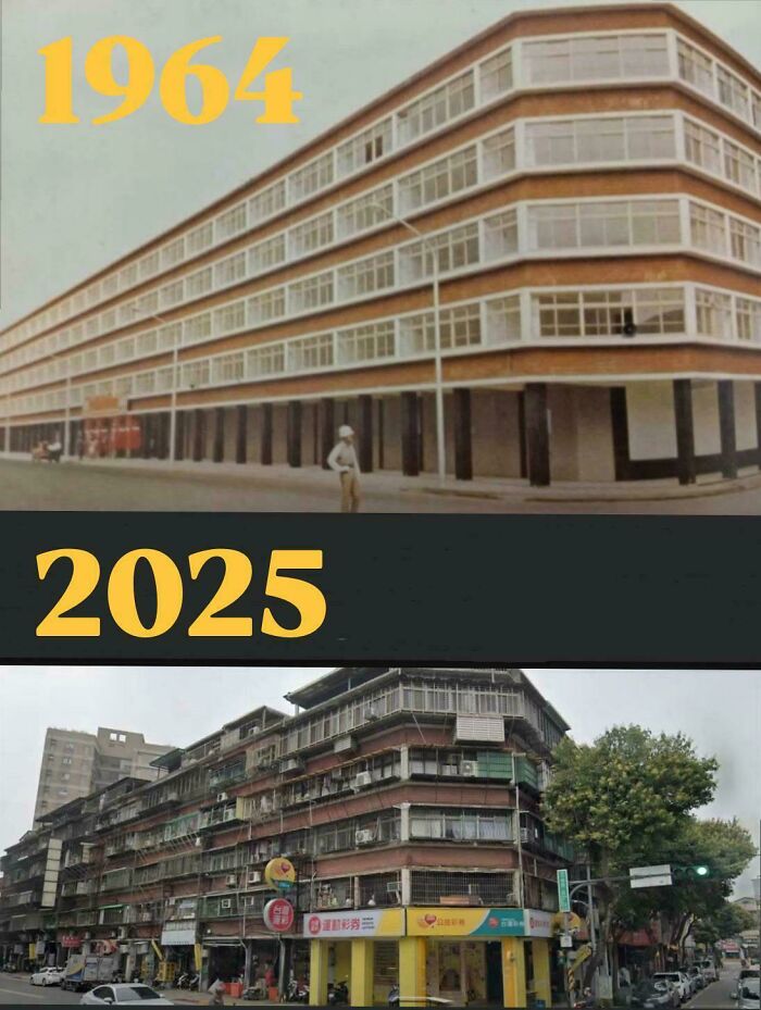 1964 and 2025 urban buildings side by side showing urban hell decay and deterioration in city architecture.