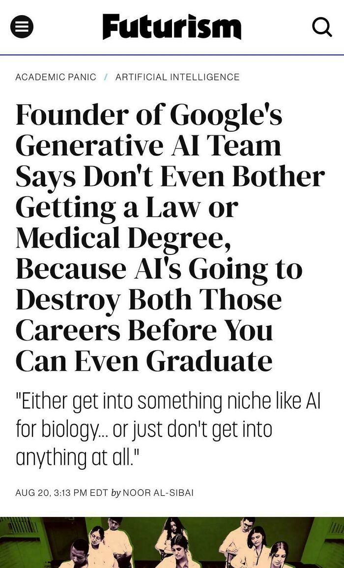 Headline on Futurism about AI and career impact, highlighting outrageous job requirements and quick nopes from applicants.