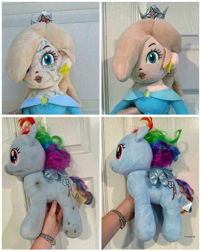 Before and after cleaning of thrift store plush toys featuring a princess doll and a colorful pony find.