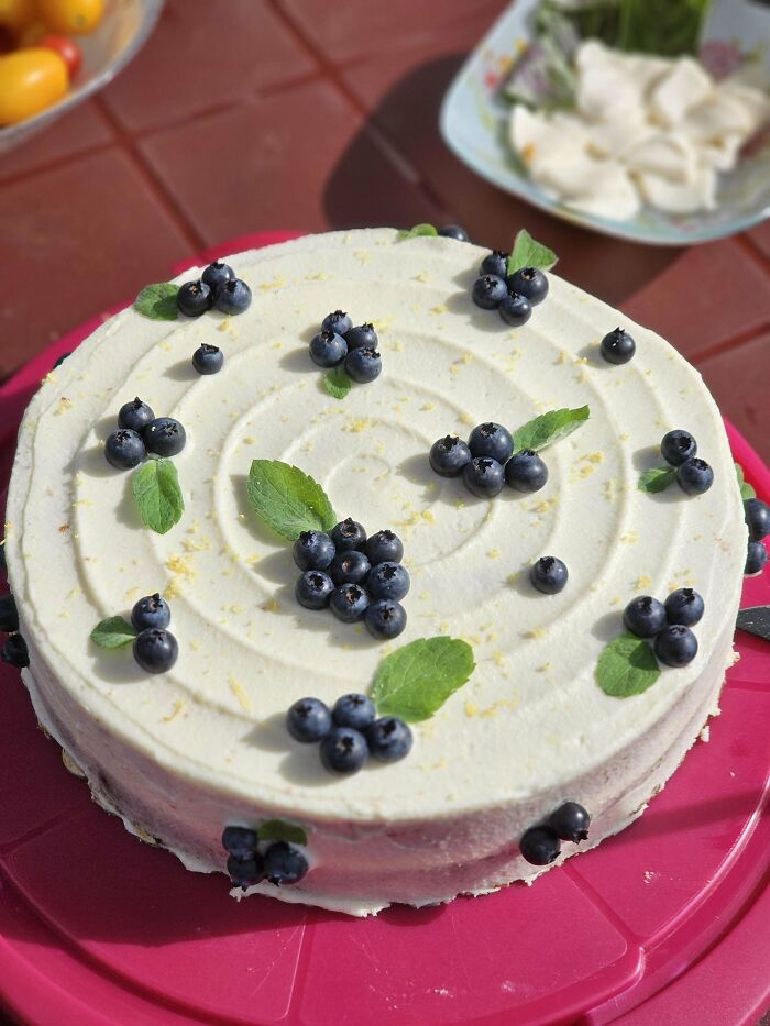 Round baked cake with white frosting, decorated with fresh blueberries and mint leaves on a pink tray.
