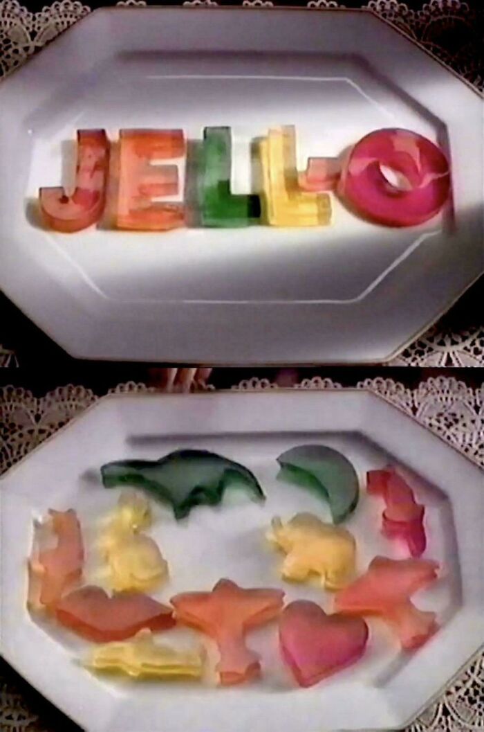 Colorful ’90s Jello letters and animal shapes on white plates, evoking nostalgic memories from childhood snacks.