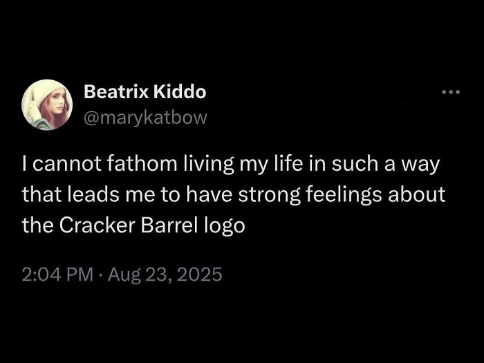 Bold tweets screenshot showing a humorous tweet about strong feelings on the Cracker Barrel logo.