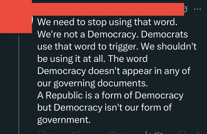 Screenshot of a confident but incorrect statement about democracy and republic from an online roast group.
