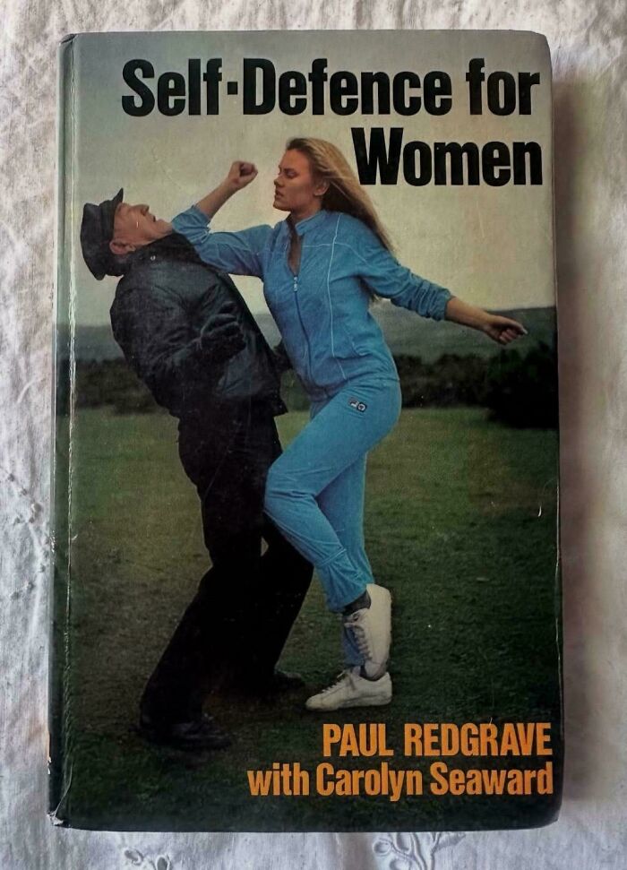 Book cover featuring a woman in blue tracksuit punching a man, an example of incredibly awful and funny book covers.