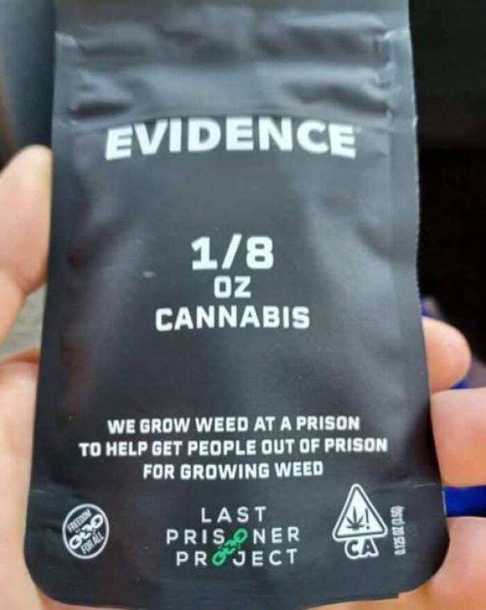 Black cannabis evidence bag with label supporting prison reform from Last Prisoner Project for chaotic good actions.