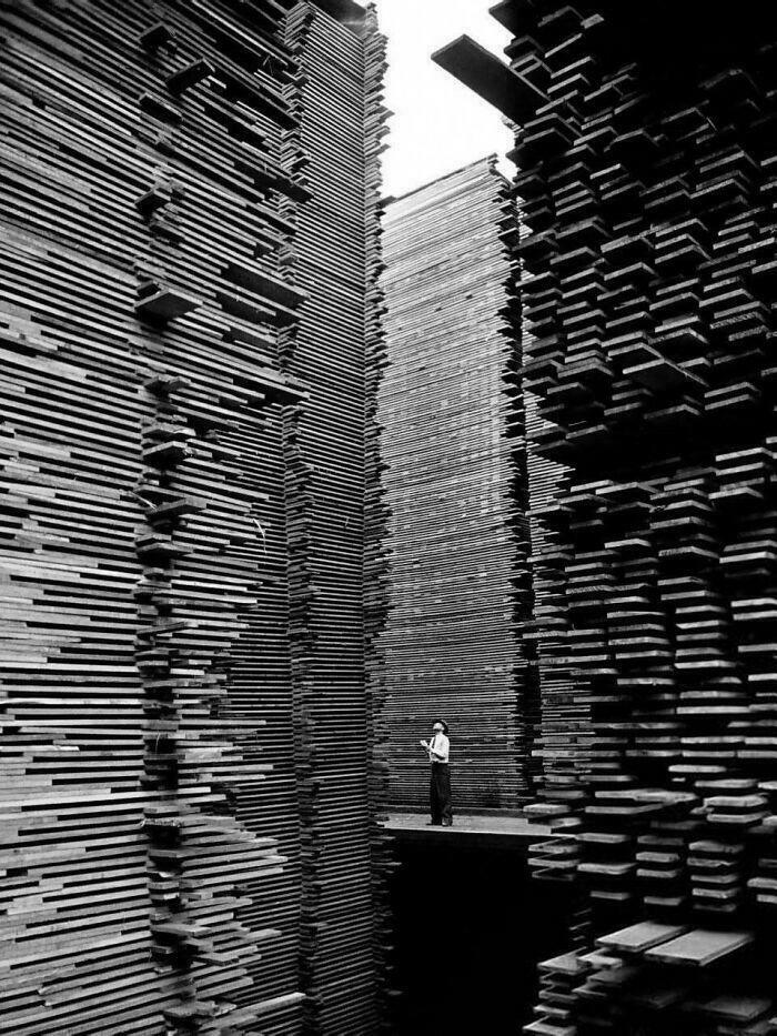 A person standing between two towering stacks of wood planks, creating an eerie sense of extremely large things.