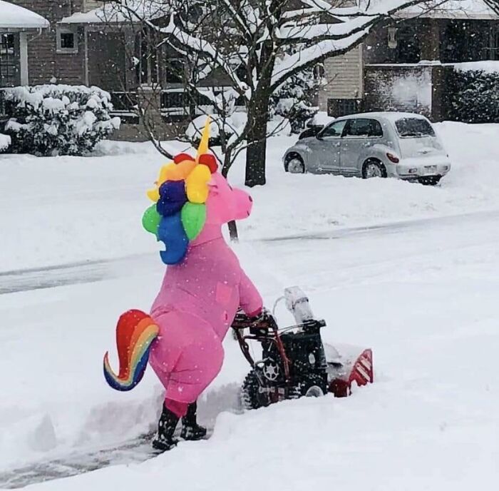 Person in a colorful unicorn costume using a snowblower on a snowy street, showing wholesome kind neighbors spirit.