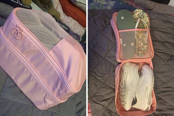 Pink travel shoe organizer bag with mesh lid and white sneakers inside, perfect for travel finds and easy packing solutions.