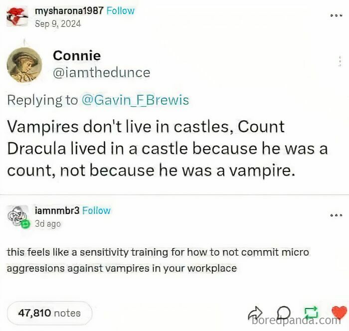 Screenshot of humorous social media comments featuring unique sentences only they could have come up with about vampires and castles.