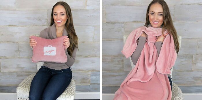 Woman holding a pink travel pillow and wearing a matching travel blanket, showcasing travel finds for bad packers.