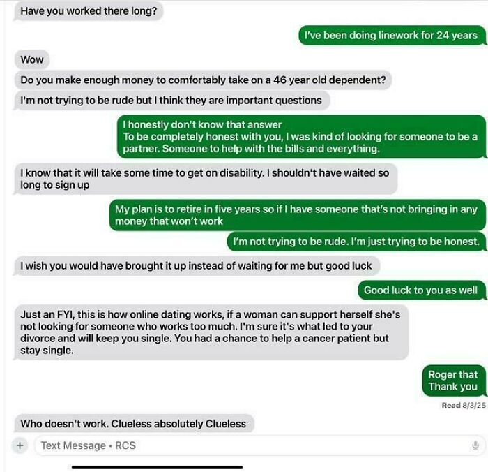 Text message exchange showing a woman discussing work, disability, and a critical online dating conversation about delusional behavior.