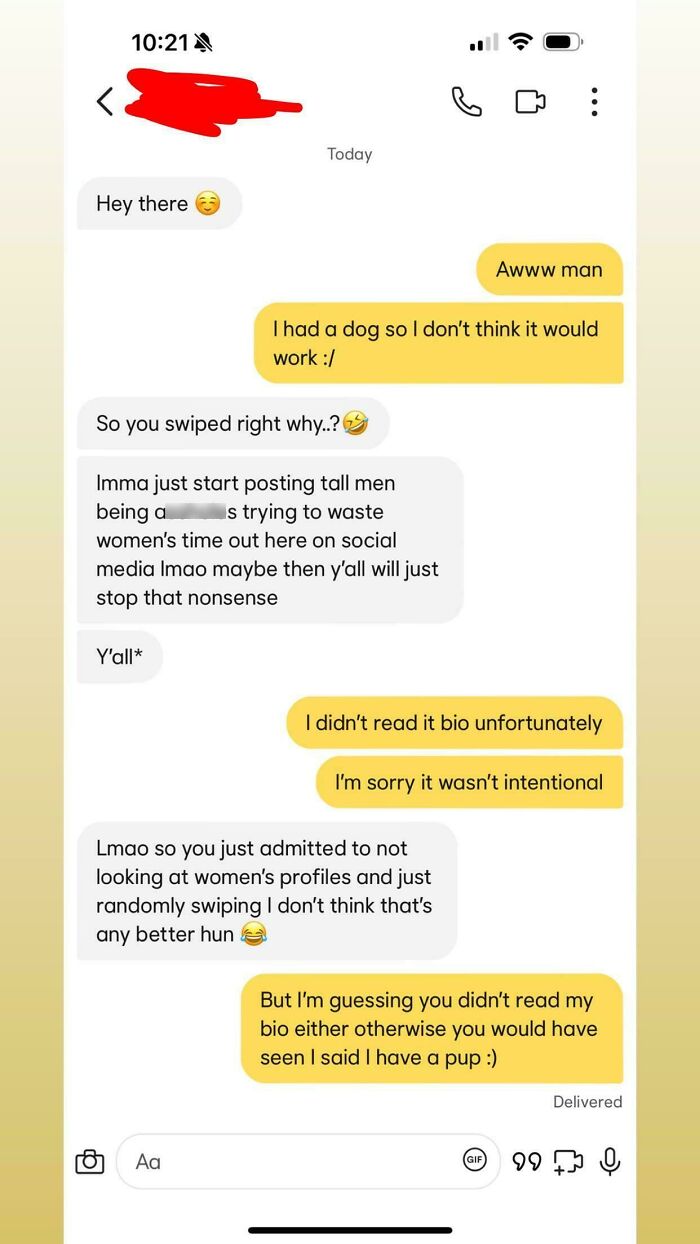 Text message conversation showing a woman called out for delusional behavior in an online dating chat exchange.