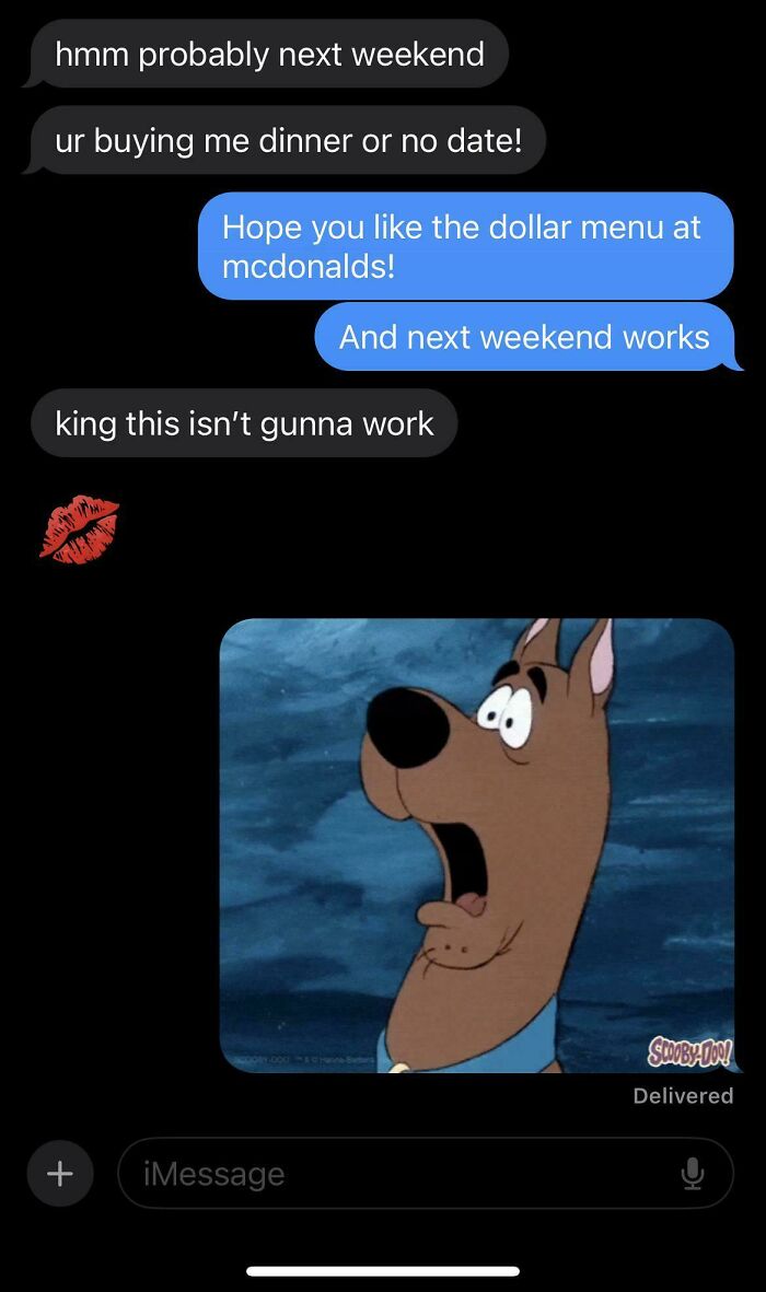 Text message conversation showing delusional behavior with demands for dinner and a Scooby-Doo reaction image.