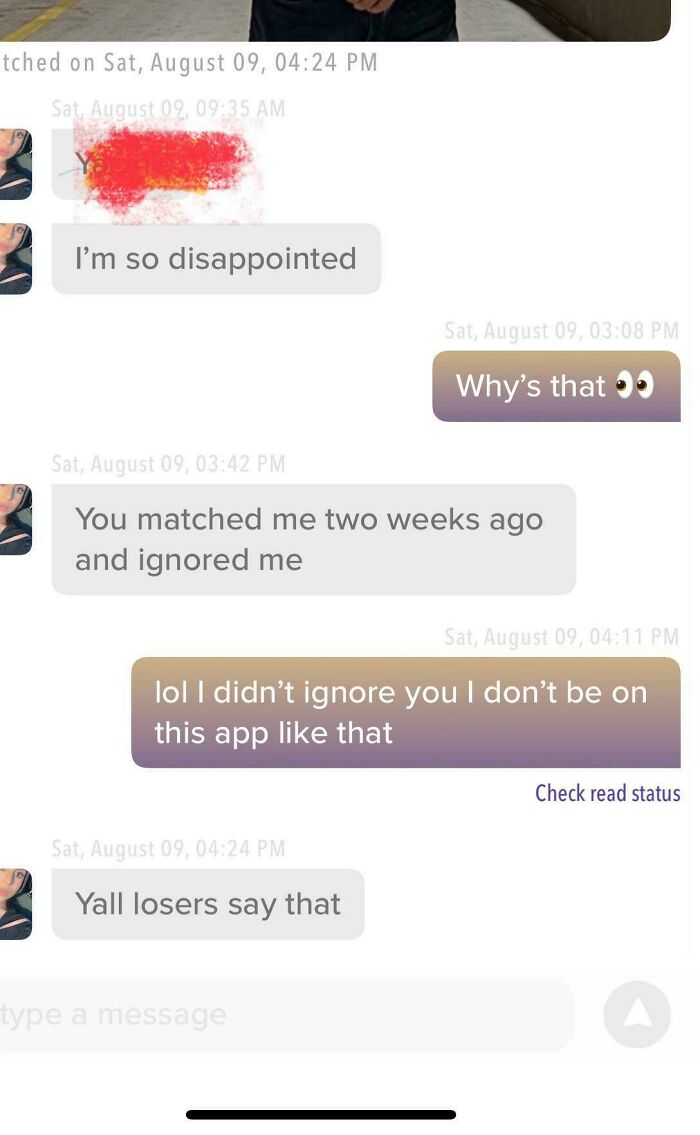 Chat conversation showing a woman displaying delusional behavior accusing someone of ignoring her on a dating app.