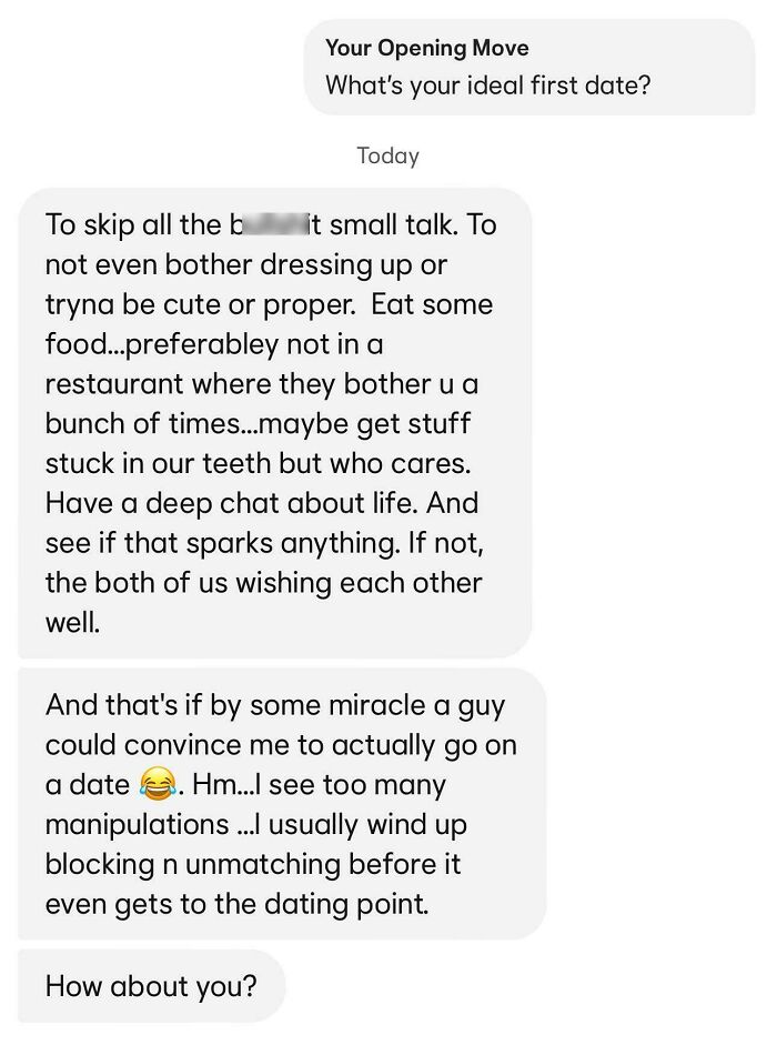 Text conversation screenshot showing a woman describing her ideal first date and dating frustrations, highlighting delusional behavior.