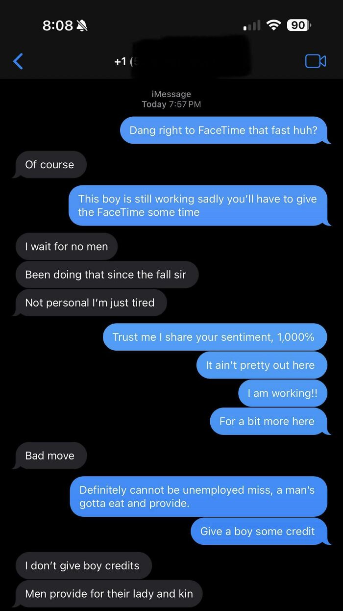 Screenshot of a text conversation showing delusional behavior in women, highlighting arguments about work and relationships.