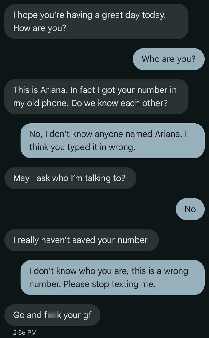 Text conversation showing delusional behavior from a woman mistakenly texting a stranger and getting aggressive.