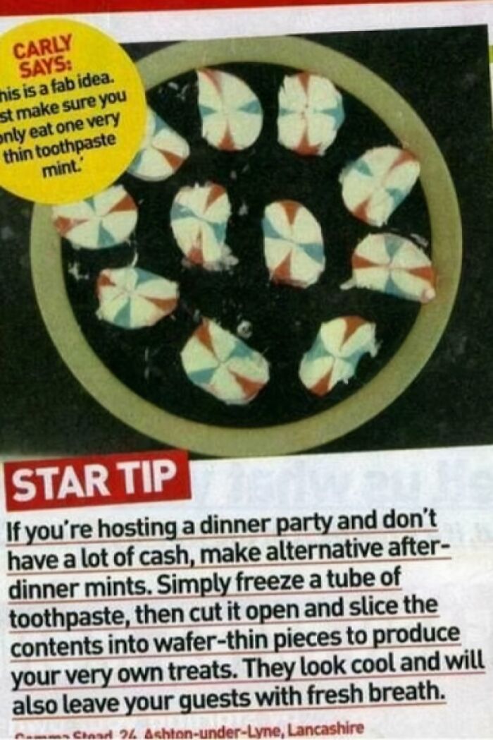 Alternative after-dinner mints made by slicing frozen toothpaste tubes, an unusual DIY disaster in kitchen creations.