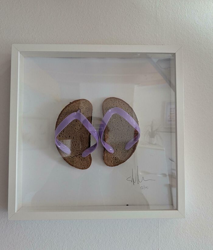 Framed DIY disaster featuring toast slices with flip-flop straps, a humorous home project mistake on display.
