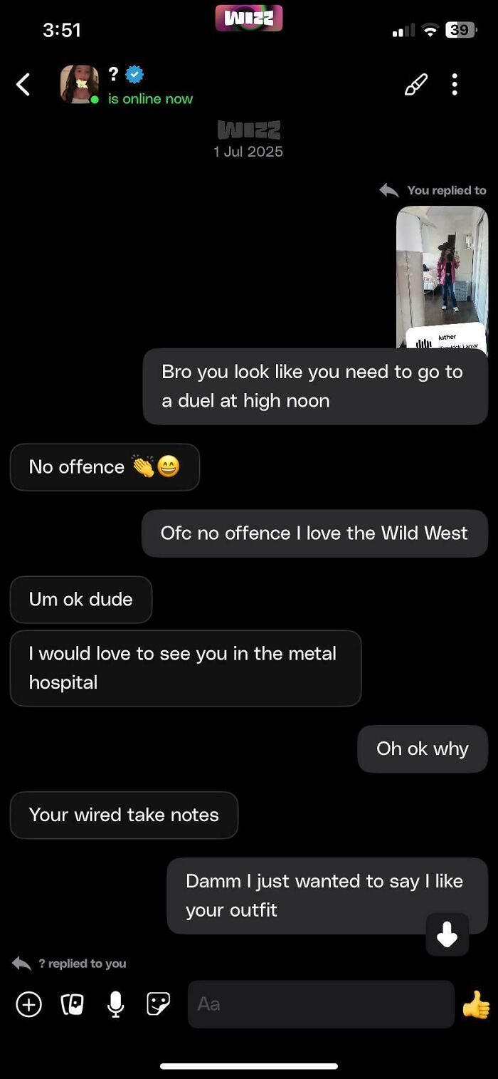 Text message exchange showing delusional behavior with insults and misunderstandings over a casual outfit compliment.