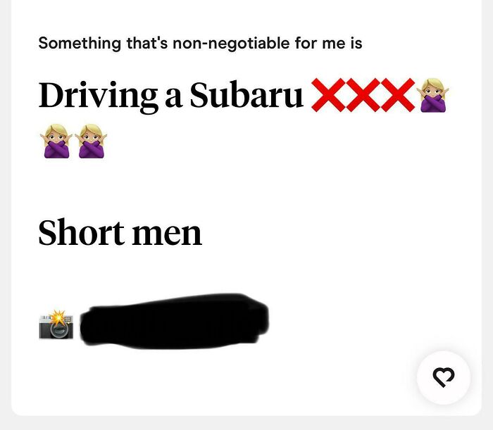 Text post declaring non-negotiable preferences for driving a Subaru and short men, showcasing delusional behavior of women.