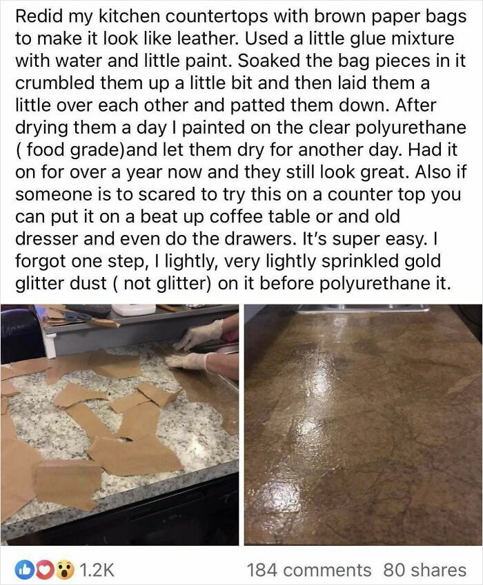 DIY disaster showing kitchen countertops covered with brown paper bags and clear polyurethane, attempting leather look.