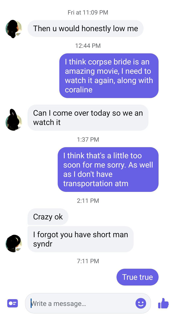Text message exchange showing a conversation with delusional behavior between two women discussing movie plans and insults.