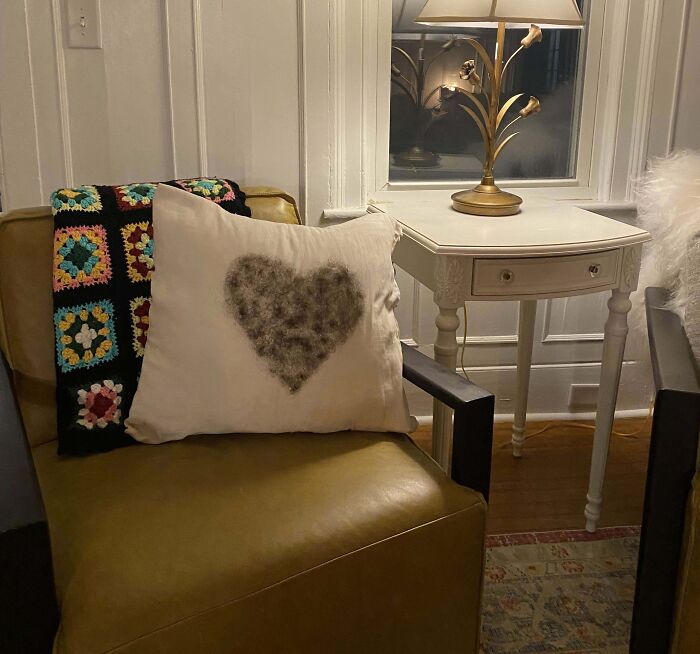 Pillow with a large hair-covered heart stain on a chair, an example of a DIY disaster in home decor.