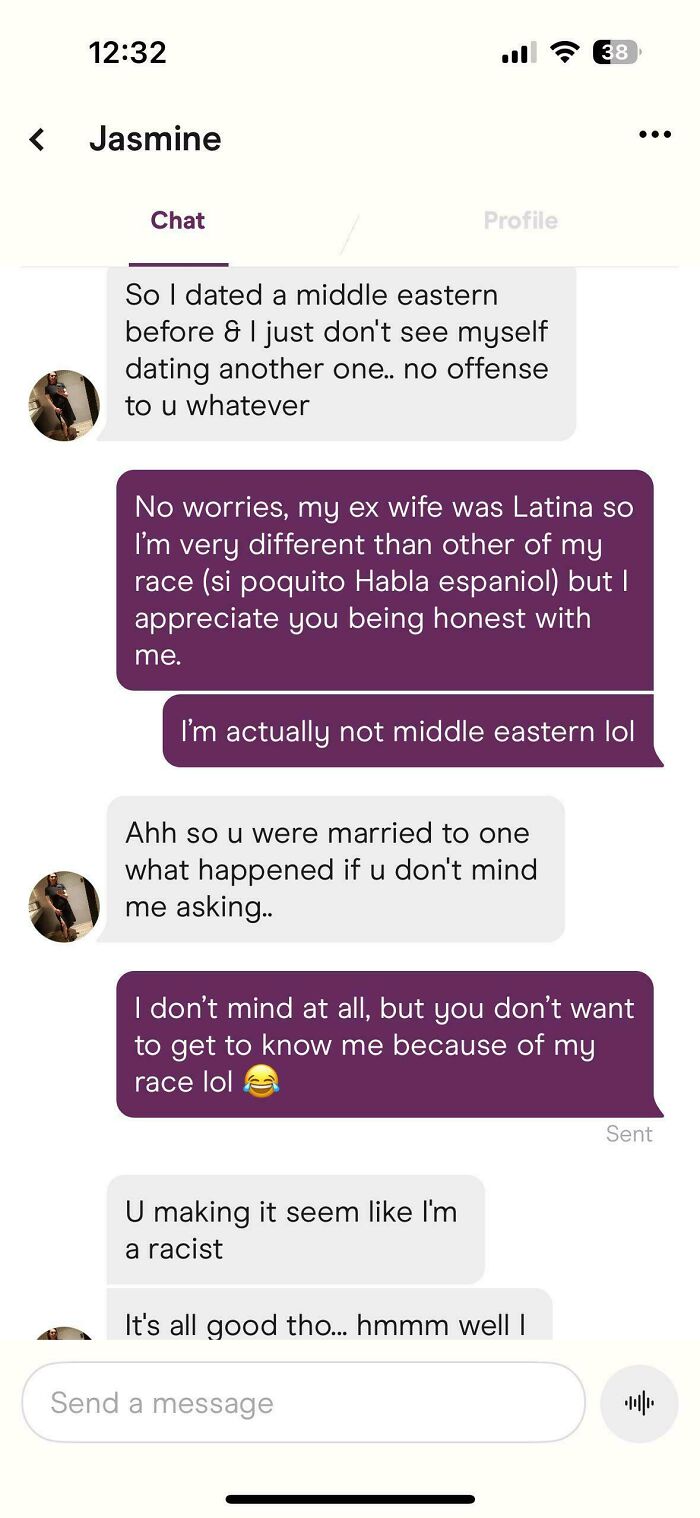 Text message chat showing a woman called out for delusional behavior discussing dating and racial assumptions.