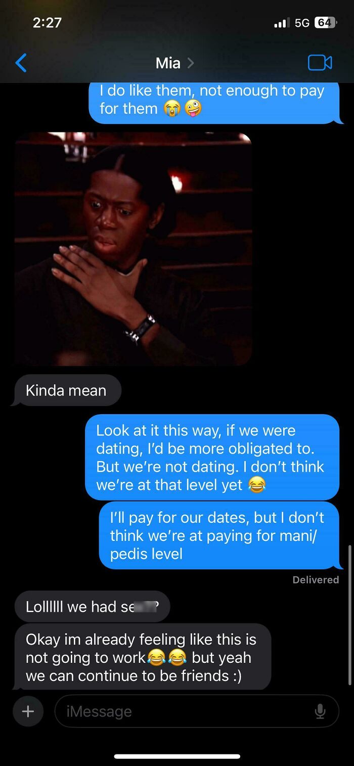 Text message exchange showing a reaction meme, highlighting delusional behavior in modern dating conversations.