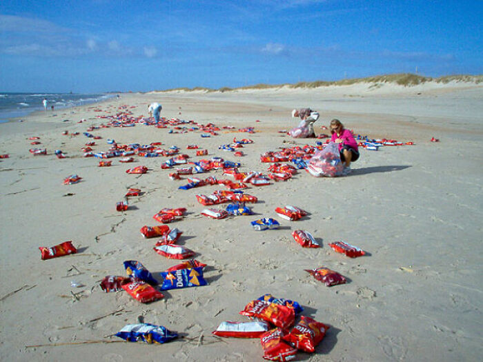 Bizarre things people found at the beach including scattered snack bags being cleaned up by volunteers.