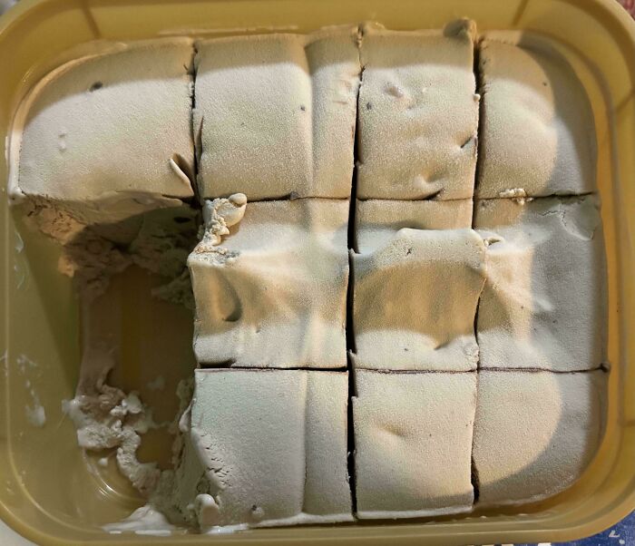 Ice cream frozen and cut into even squares in a container, demonstrating a genius life hack for easy serving.