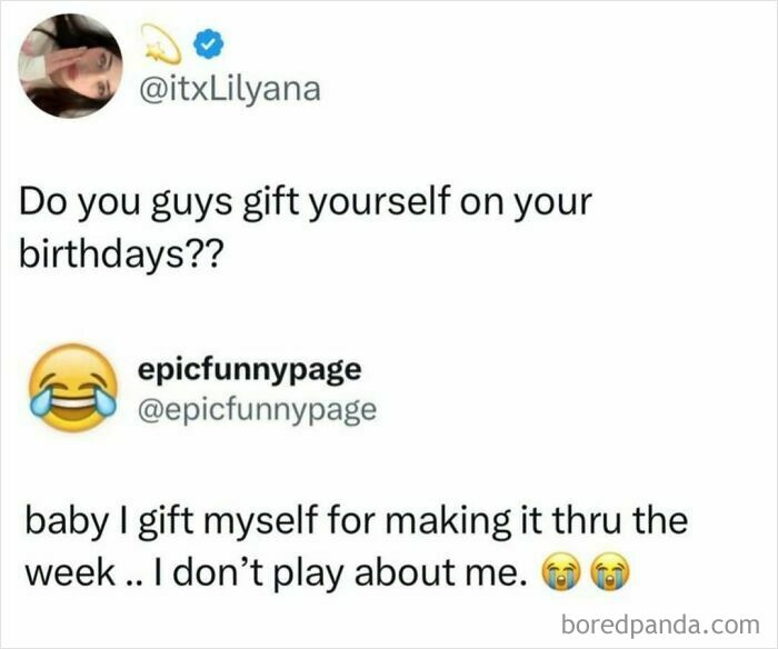 Funny social media post about gifting yourself and self-appreciation, featured in entertaining posts and memes.