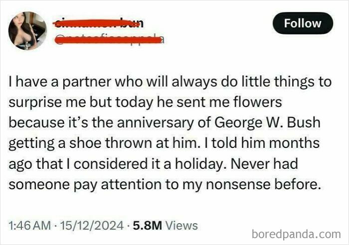 Screenshot of a funny social media post showing a unique sentence that only the poster’s partner would understand.