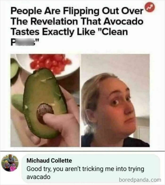 Meme showing people reacting to avocado tasting like clean p***s with skeptical woman and social media comment.