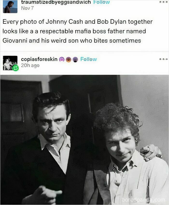 Black and white photo of Johnny Cash and Bob Dylan with a humorous caption in a post about unique sentences people said.