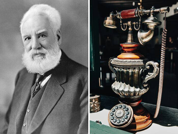 Black and white portrait of an inventor next to an antique telephone, showcasing everyday inventions and brilliant minds.