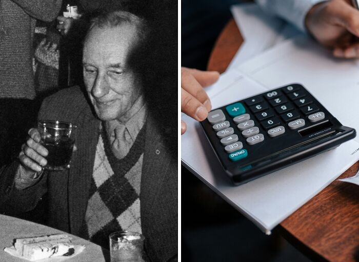 Black and white photo of an inventor holding a drink paired with a close-up of hands using a calculator invention.