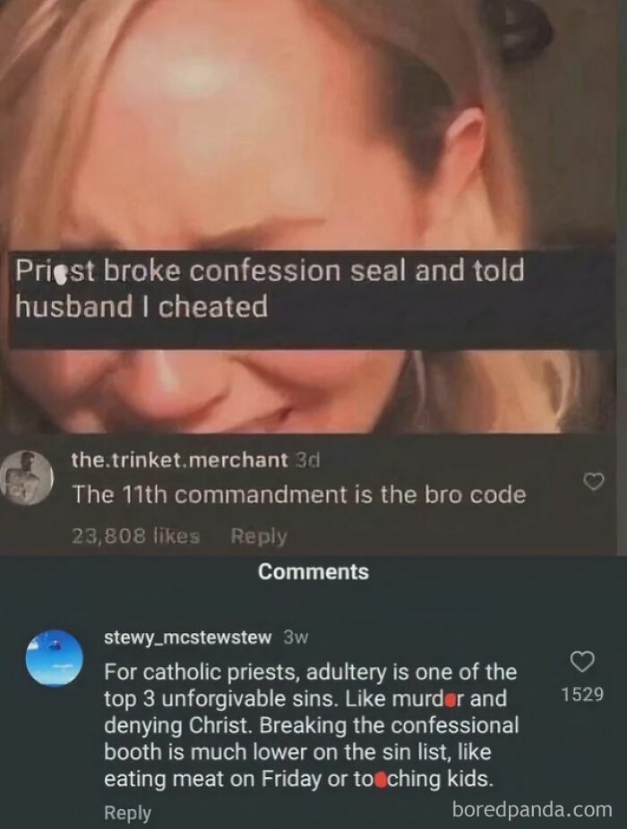 Woman reacting to a story about a priest breaking the confession seal in a unique sentence example from viral posts.