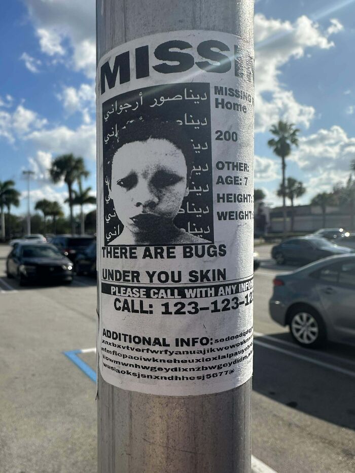 Creepy and unsettling missing person flyer on a pole warning of bugs under the skin in a parking lot setting.