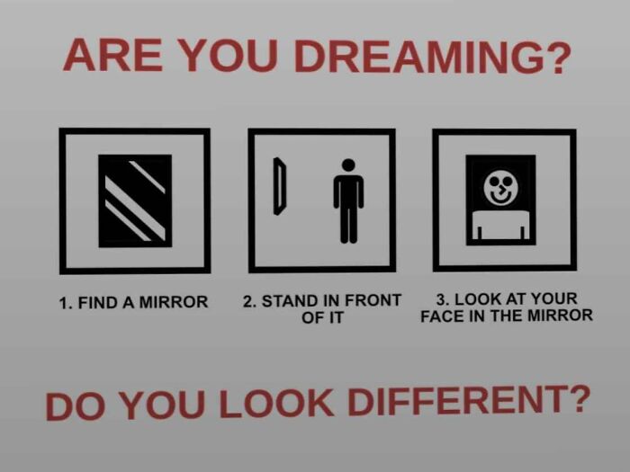 Instructional graphic showing steps to find a mirror, stand before it, and check for a creepy or unsettling face reflection.
